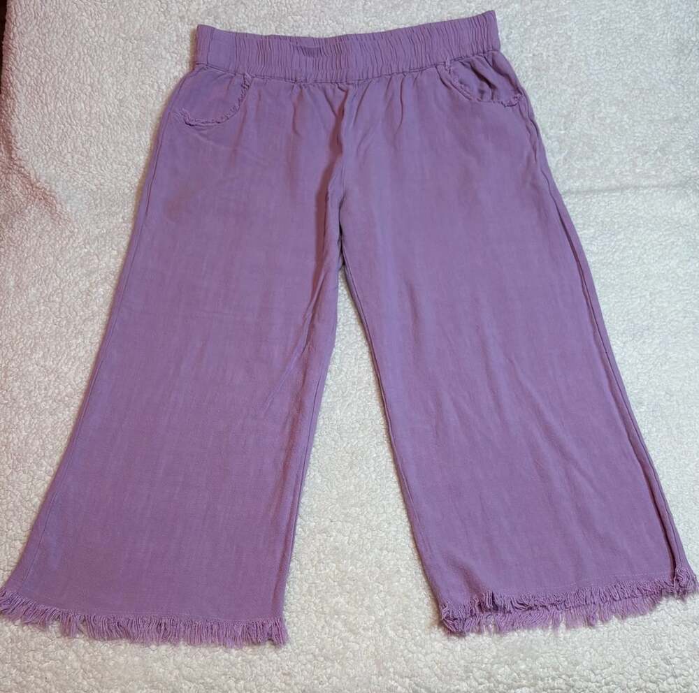 Umgee USA Lavender Linen Blend Wide Leg Frayed Hem Crop Pants Purple Boho